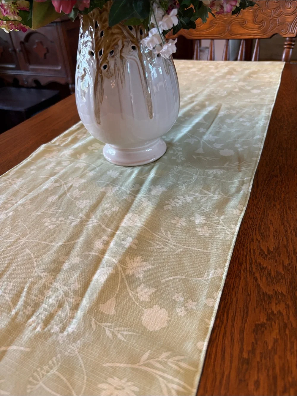 Green Floral Jacquard Table Runner with Pom Trim